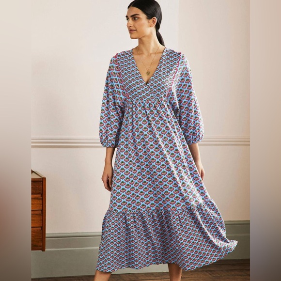 Boden Dresses & Skirts - Boden Anita Jersey Midi Dress Size 10 Dusty Blue Oriental Meadow V Neck